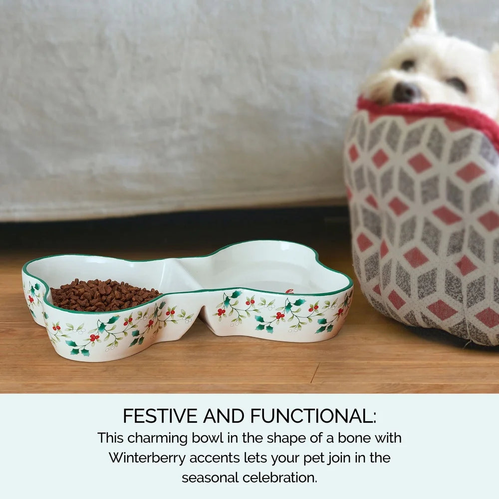 Winterberry Dolomite Divided Pet Bowl Festive Bone Design Dogs Eat Drink Compartments Durable Gift Box Easy Care 14oz Capacity
