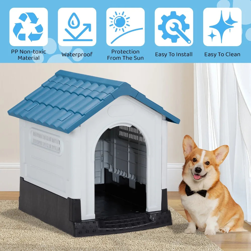 26 inch Plastic Dog House,with Air Vents and Elevated Floor, Insulated Water Resistant Puppy Shelter Kennel Doghouse Pet House