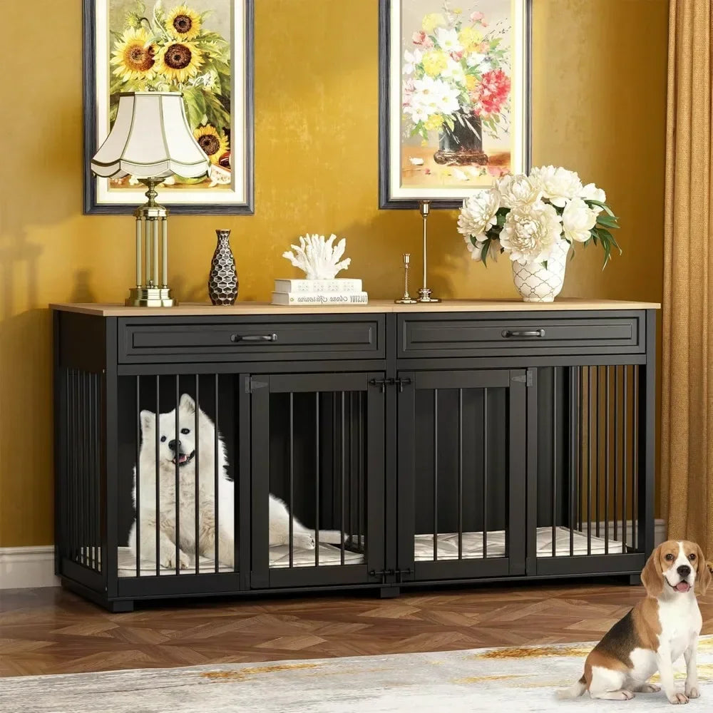 Dog Kennel Furniture, 64.6 Inch Heavy Duty Wooden Large Furniture Style Dog Crate with Drawers & Divider, Indoor Dog House