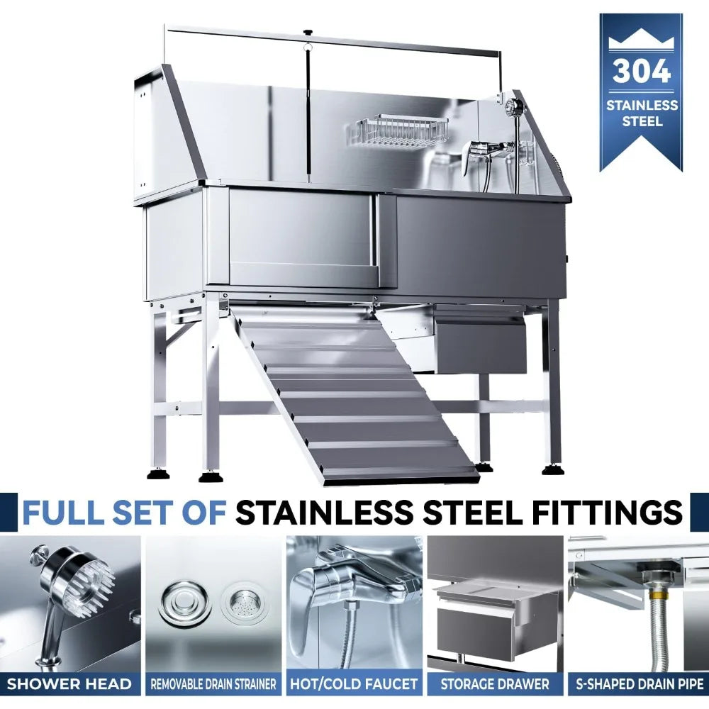 46" Dog Washing Station, Professional Stainless Steel Dog Bathtub w/Ramp & Storage Drawer, Adjustable Grate, Non-Slip Design, Pe