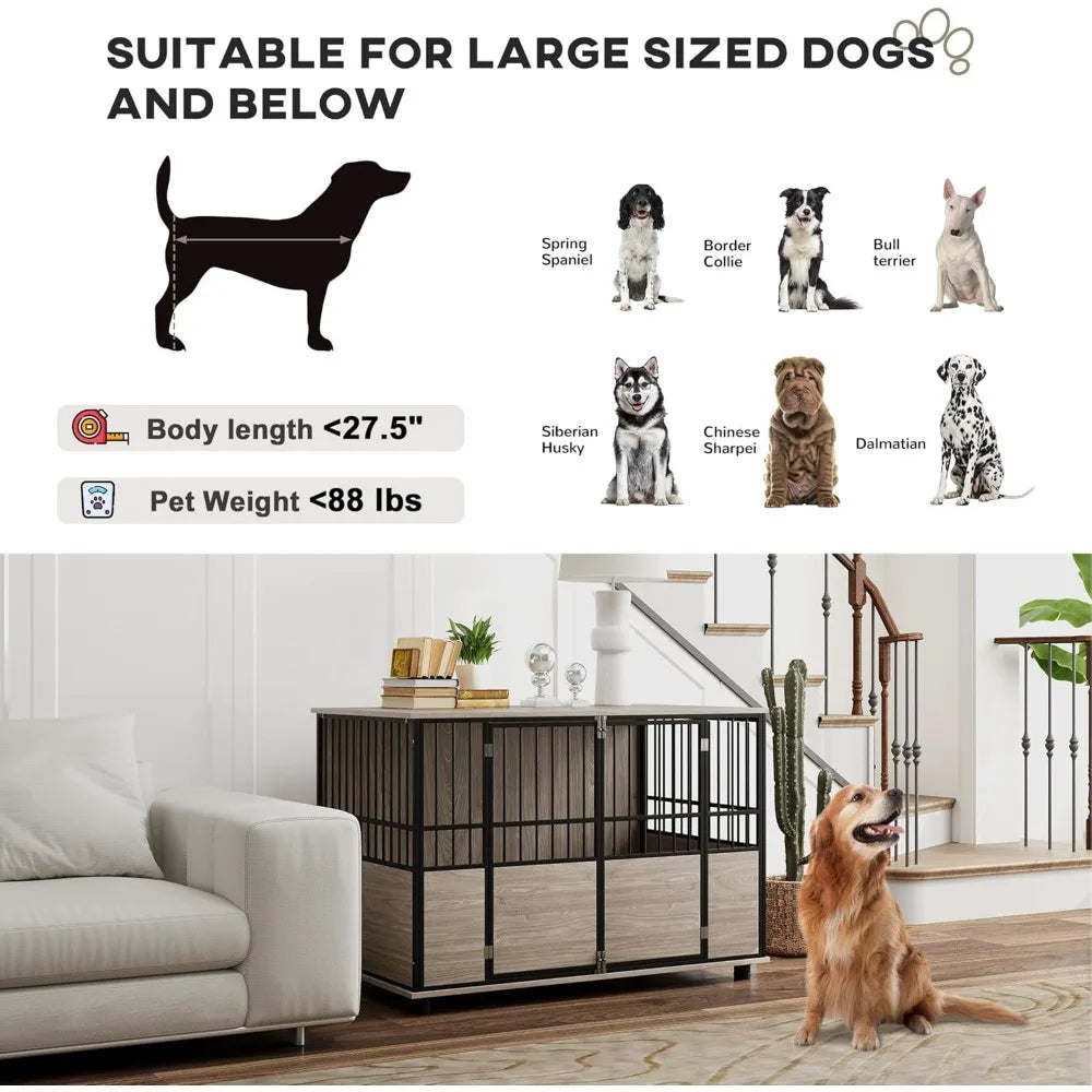 Dog Crate Furniture, 46" Wooden Dog Kennel Furniture, Dog Crate Table with Double Doors for Small To Large, Walnut Wood Finish