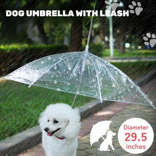 Dog Umbrella with Metal Chain, Suitable for Small Teddy Dogs and Bichon Frize, Foldable Pet Dog Umbrella, with Traction Rope Chain, Adjustable Handle and Assembled Raincoat, Suitable for Dog Walking and Rainproof in the Snow,