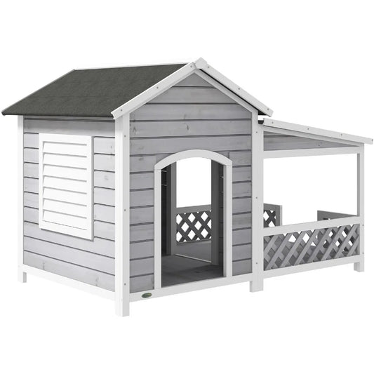 Wooden Dog House Outdoor with Porch, Cabin Style Raised Dog Shelter with Asphalt Roof, Doors, and Shutter Window, for Medium La