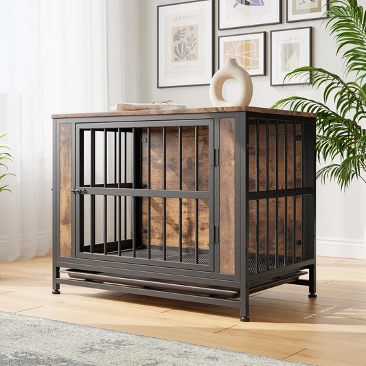 Dog Crate Furniture,  Wooden Dog Crate Table, 32.8" Dog Kennel with 2 Sliding Doors and Thick Iron Door Frame, Decorative Pet