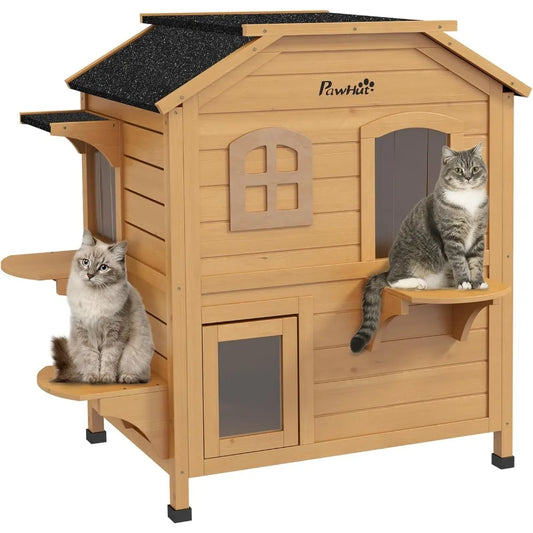 2-Story Cat House Outdoor, Weatherproof Wooden Cat Enclosure for Feral Cats with Escape Door, Openable Roof, Jumping Platforms,