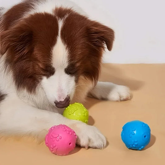 Squeaky Rubber Dog Toy Ball Cartoon Paw Print Design Small Breeds Durable Chew Dental Health Pet Plaything Interactive Dog Toys