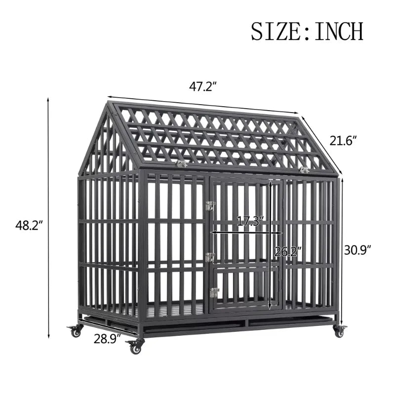 Heavy Duty Dog Cage with Roof Rust-Resistant Steel Locking Casters Feeding Door Ideal for Medium & Large Dogs Dog House Kennel