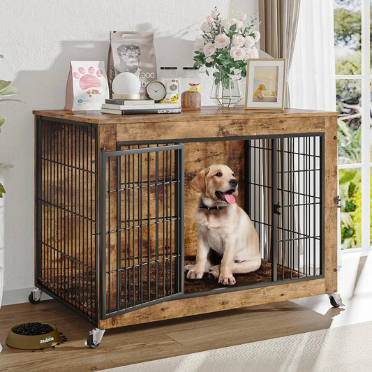 32 Inch Dog Crate Furniture with Cushion, Wooden Double Doors Kennel Cage Indoor with Wheels, Pet House Decorative Side