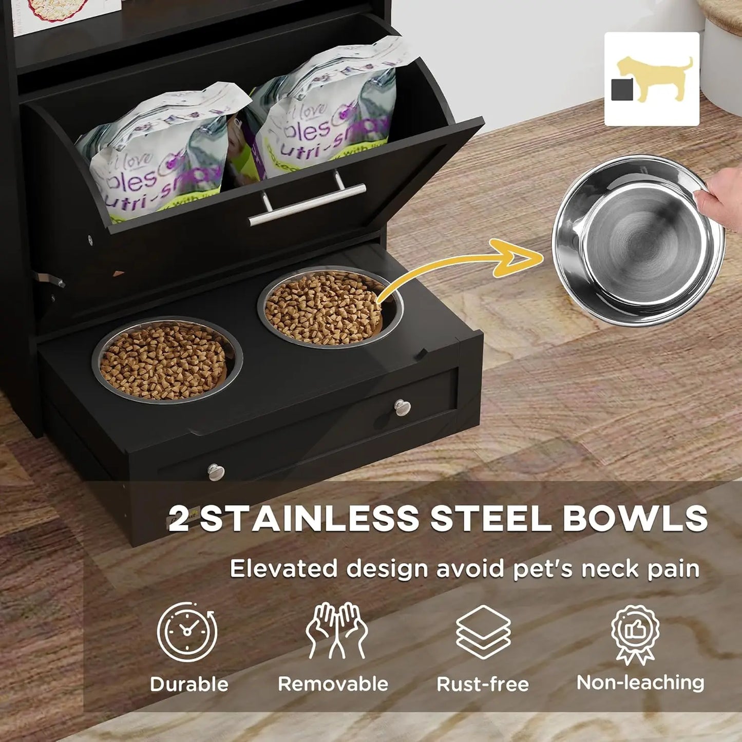 Dog Feeding Station, Dog Food Storage Pet Feeder Cabinet Container with Dog Raised Bowls and Hanger for Feeding