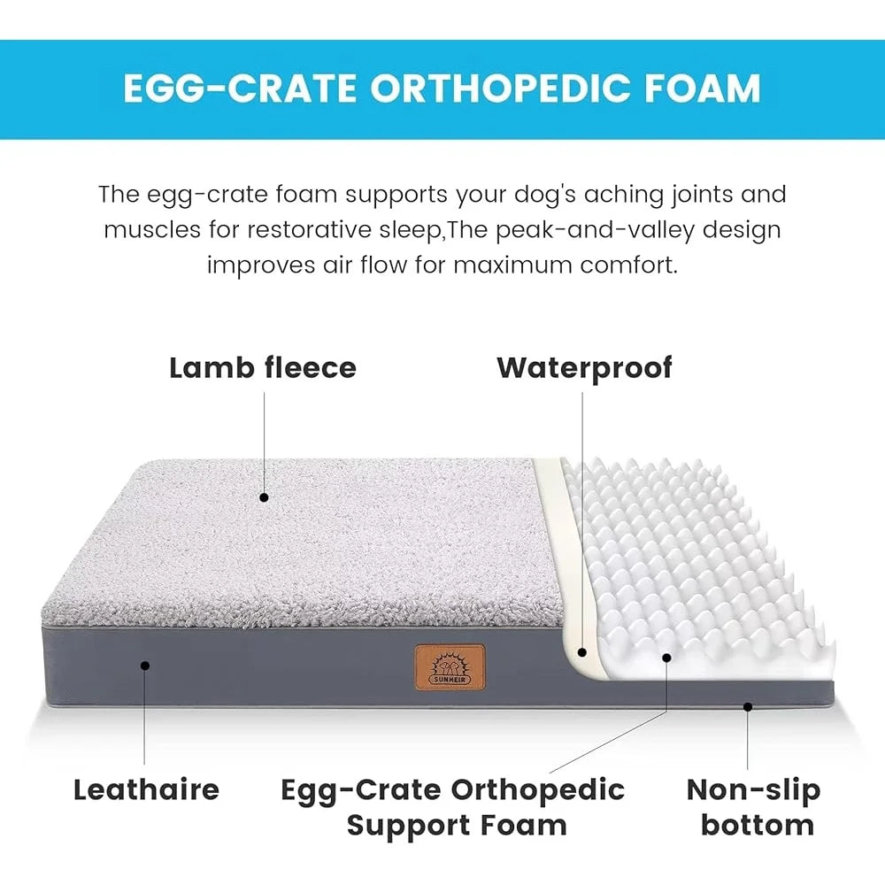 Orthopedic Waterproof Dog Bed Large Dogs Egg Foam Support Removable Washable Cover Anti-Slip Bottom Perfect Crate and Home