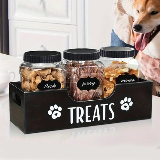 Wooden Pet Snack Storage Box with 3 Plastic Treat Jar Dog Treat Container Airtight Dog Treat Bin for Pet Gift Supply Accessories