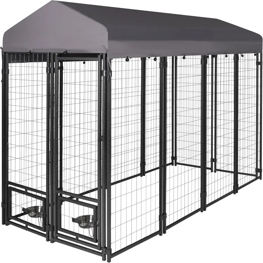 Dog Kennel Outdoor Indoor with Roof and Rotating Feeding Doors, Large Dog Enclosure Dog Playpen House Heavy Duty with Canopy, D