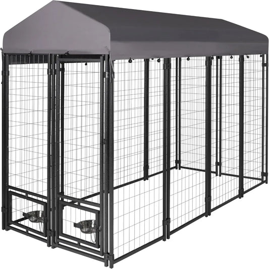 Dog Kennel Outdoor Indoor with Roof and Rotating Feeding Doors, Large Dog Enclosure Dog Playpen House Heavy Duty with Canopy, D