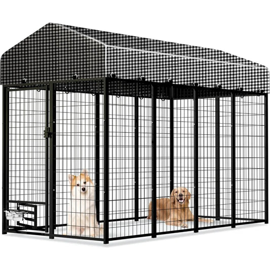 8x4x6 FT Large Outdoor Dog Kennel, Expandable Modular Dog Kennel Outside with Rotate Feeding Door, Heavy Duty Welded Wire Steel