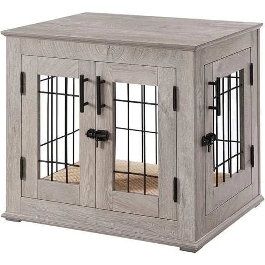 Furniture Style Dog Crate End Table, Double Doors Wooden Wire Dog Kennel with Pet Bed, Pet Crate Dog House Indoor Medium Large