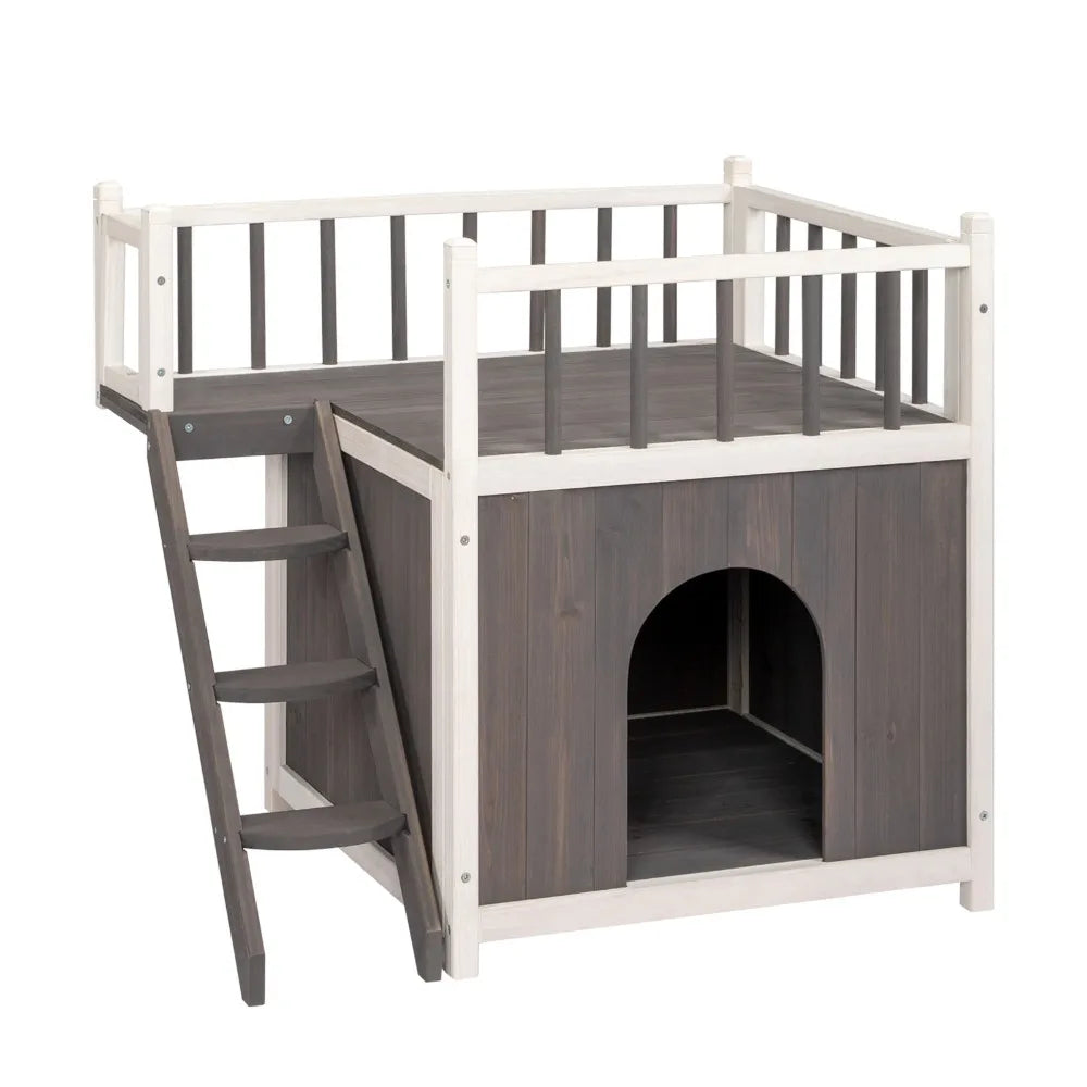 2-Story Wooden Feral Cat House Dog House for Outdoor and Indoor,with Stairs, Grey & White Pet House