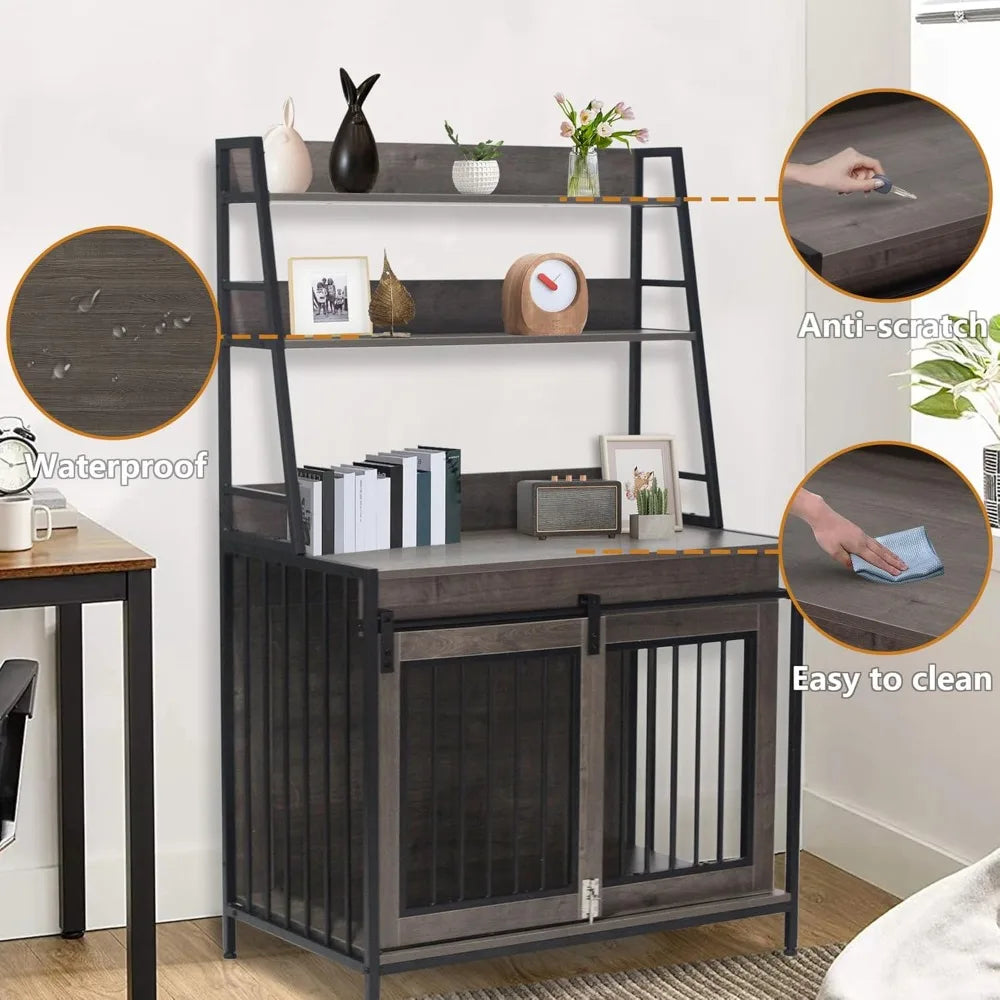 Dog Crate Indoor Furniture with Storage Shelves, 37 inch Wooden Dog Kennel with Double Sliding Doors, Heavy Duty Dog Cage