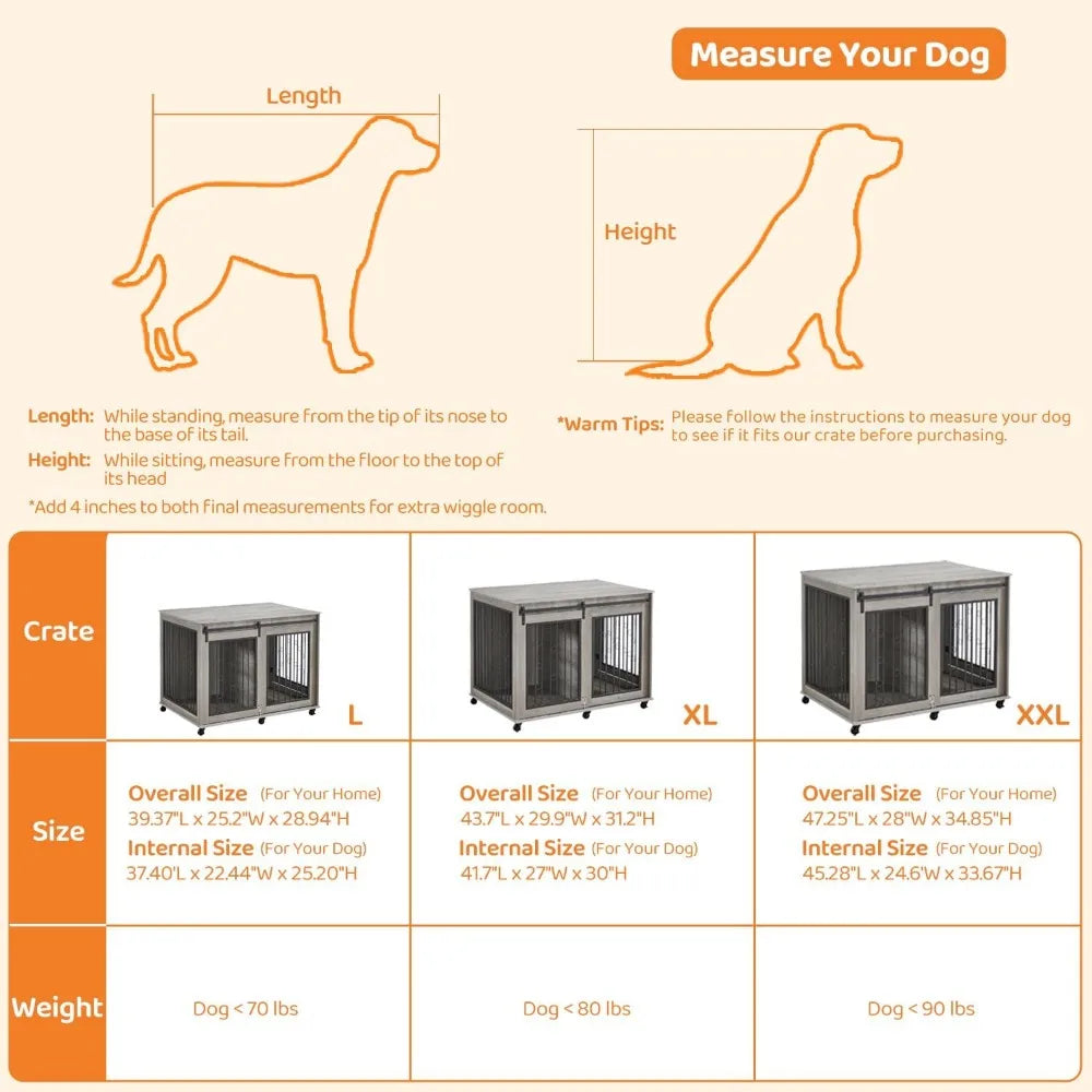Large Dog Crate Furniture, 47" Wooden Dog Kennel with Sliding Barn Door, Flip-Top Lid & Wheels, Indoor Pet Crate Table with Det