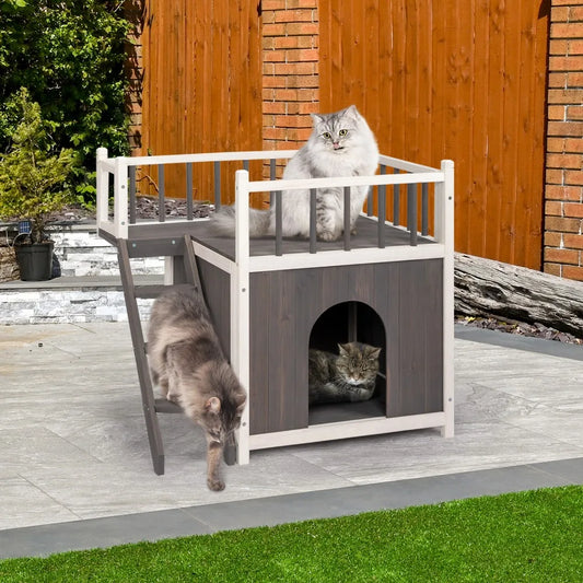 2-Story Wooden Feral Cat House Dog House for Outdoor and Indoor,with Stairs, Grey & White Pet House