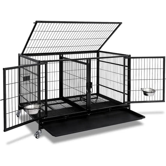 43 Inch Metal Open Top Stackable Heavy Duty Dog Cage Kennel with Three Door, Metal Floor Grid, Tray, Wheels, Divider and Feeding