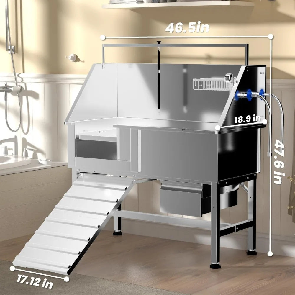 46" Dog Washing Station, Professional Stainless Steel Dog Bathtub w/Ramp & Storage Drawer, Adjustable Grate, Non-Slip Design, Pe