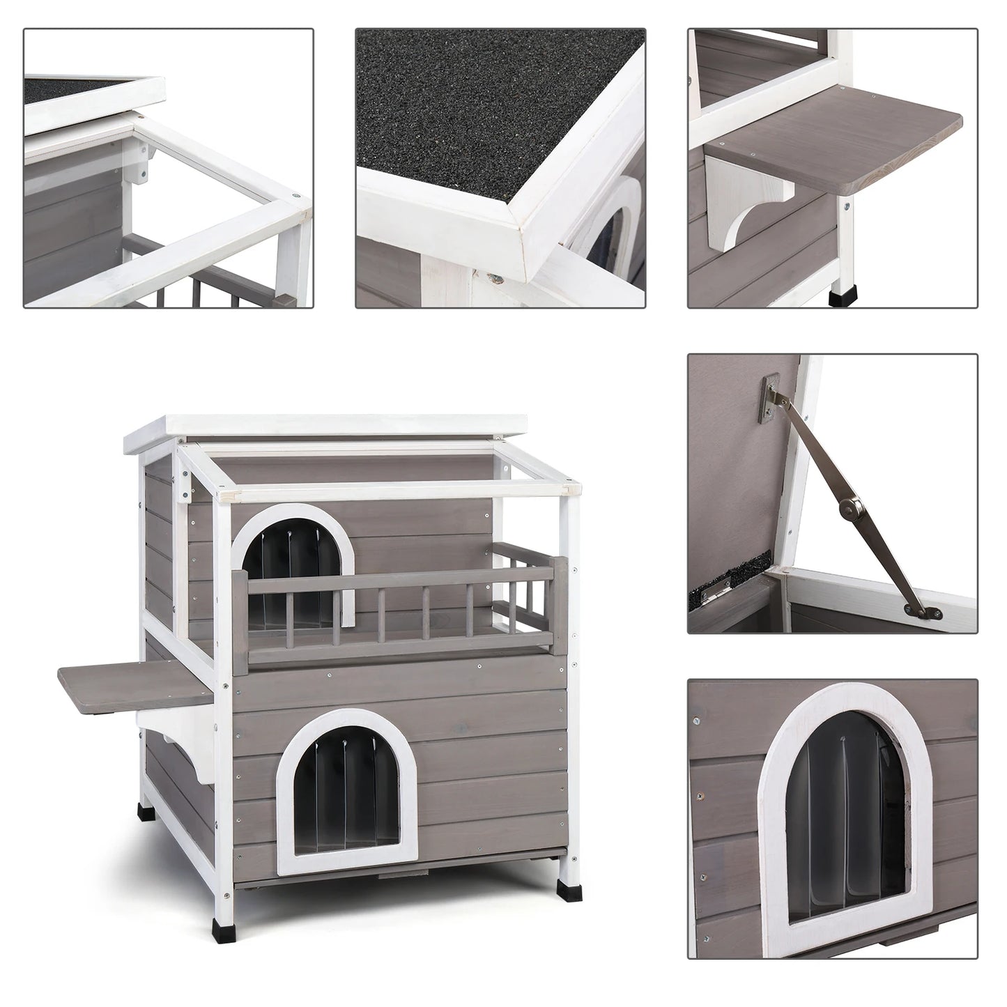 Wooden Cat house 2-Story Indoor Outdoor Luxurious Cat Shelter House with Transparent Canopy, Large Balcony, Openable Weatherproo