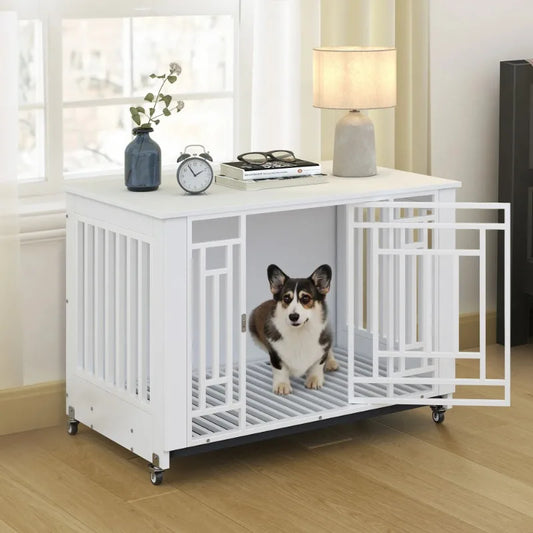 Dextrus Medium Dog Crate with Lockable Door, 38" Heavy Duty Metal Dog Crate and Kennel with Removable Tray and Wheels for Small