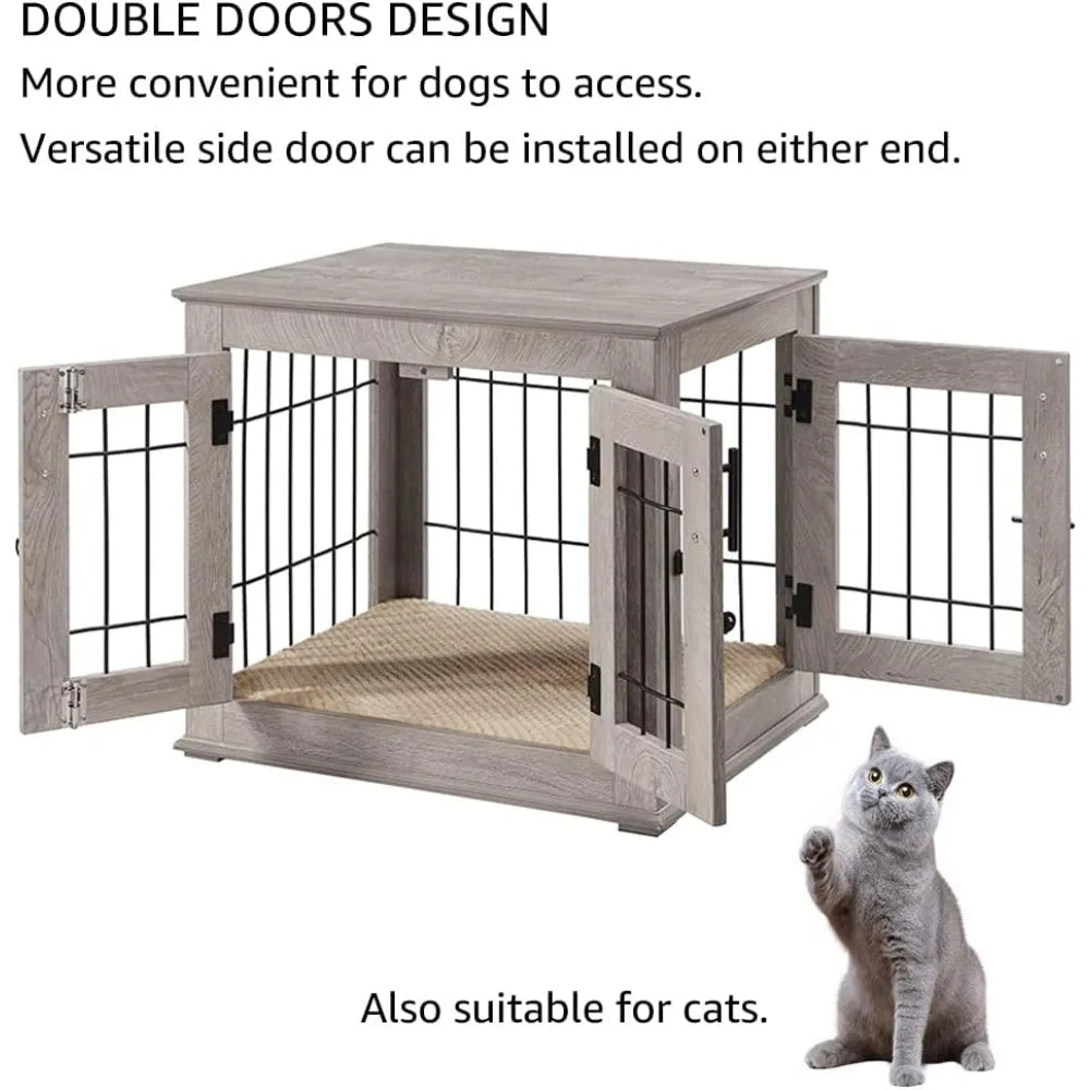 Furniture Style Dog Crate End Table, Double Doors Wooden Wire Dog Kennel with Pet Bed, Pet Crate Dog House Indoor Medium Large