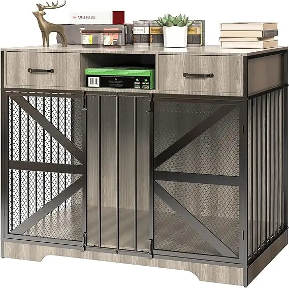 Dog Crate Furniture, Dog Kennel Furniture for Large Dogs Indoor, Heavy Duty Wooden Dog Crate TV Stand with 2 Drawers, 44" Metal
