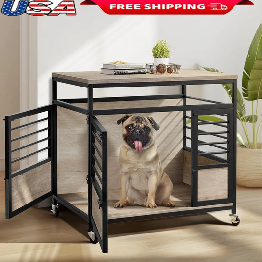 Large Wooden Dog Crate Furniture Two Door Heavy Duty Dog Kennel with Wheels Indoor Portable Pet House