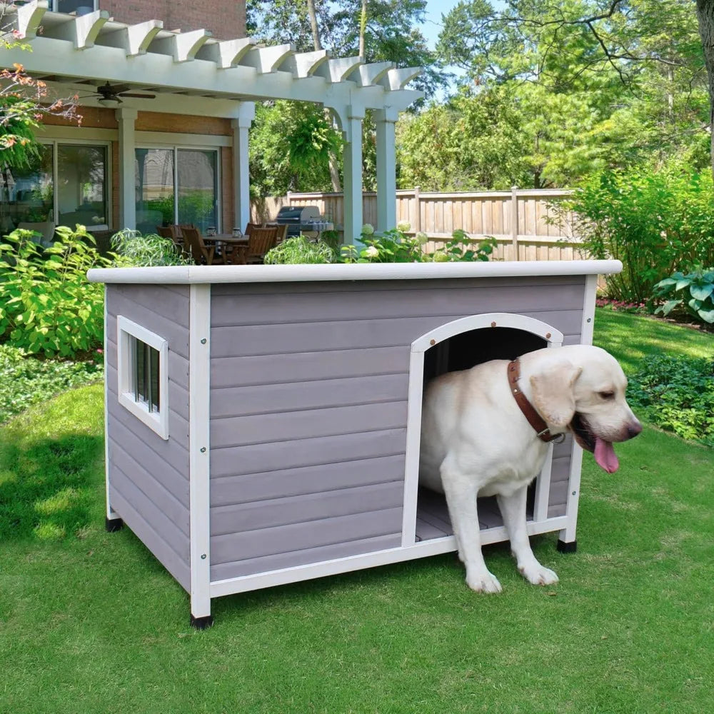40" Wooden Outdoor Dog Houses, Waterproof Dog House Outside with Window & Door Flap Waterproof Dog House Outdoor Indoor, Assembl