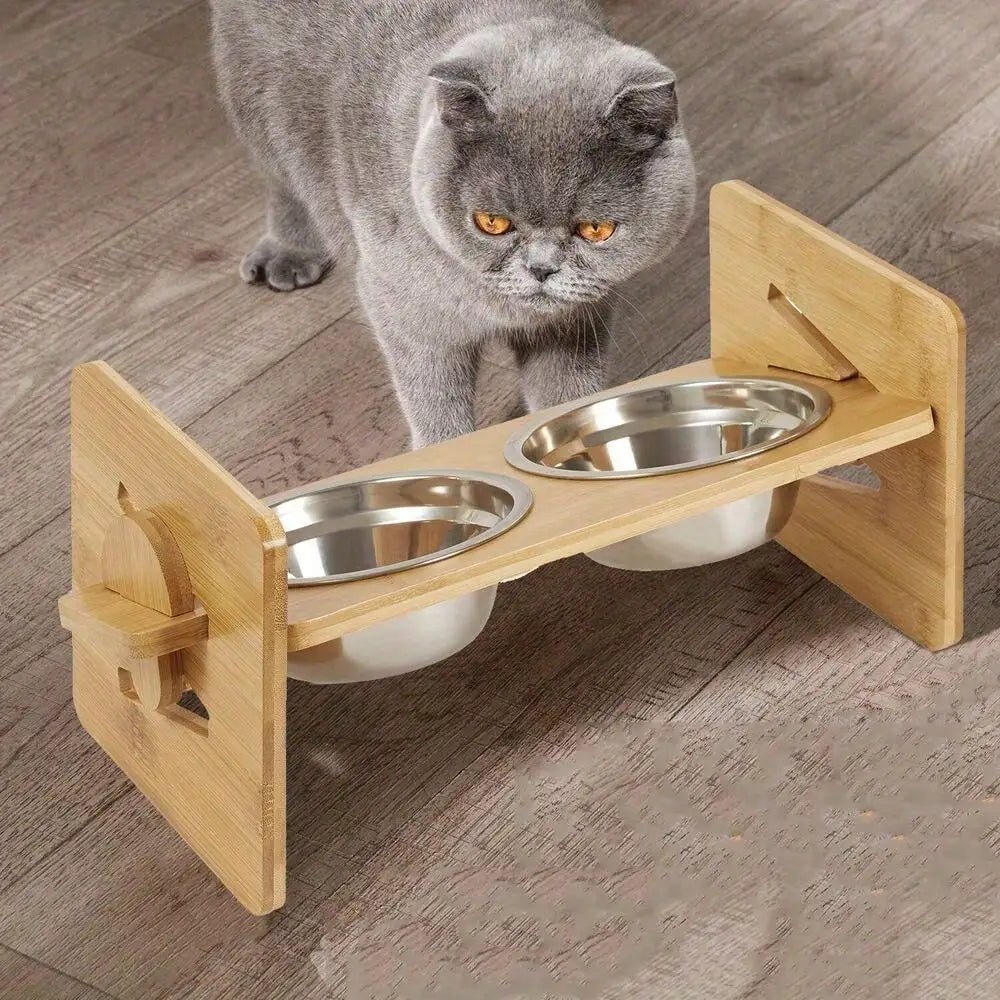 Pet Dog Cat Food Feeding Stand Station Stainless Double Raised Bowls Dish Holder
