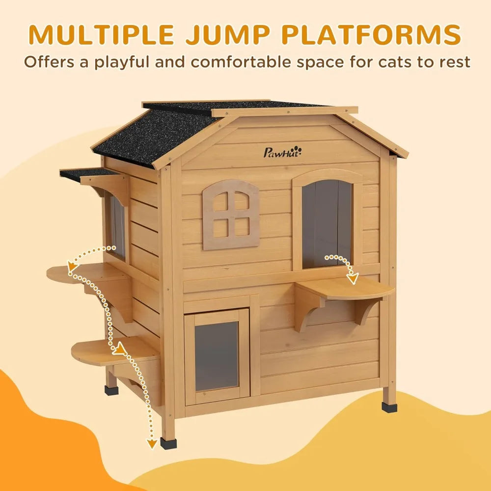 2-Story Cat House Outdoor, Weatherproof Wooden Cat Enclosure for Feral Cats with Escape Door, Openable Roof, Jumping Platforms,
