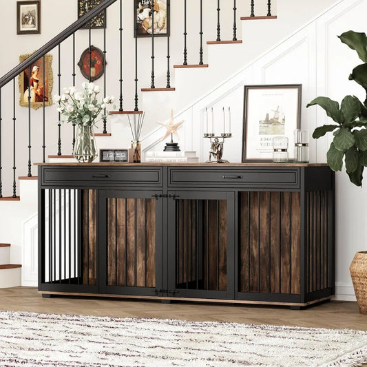 Large Dog Crate Furniture for 2 Dogs, 72.5" Indoor Heavy Duty Wooden Large Dog Kennel with Drawers & Divider, Indoor Furniture