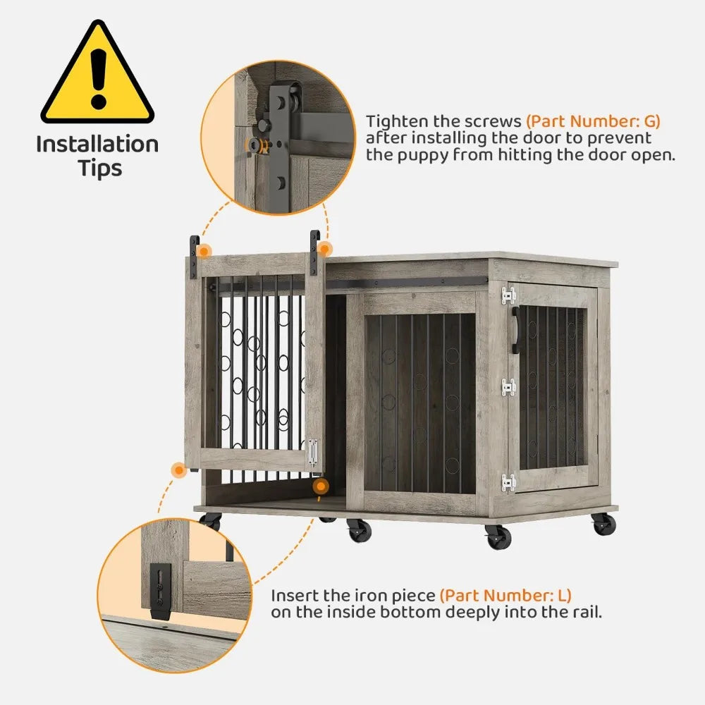 Large Dog Crate Furniture, 47" Wooden Dog Kennel with Sliding Barn Door, Flip-Top Lid & Wheels, Indoor Pet Crate Table with Det
