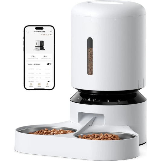 Automatic Cat Feeder, 5G WiFi Pet Feeder for Two Cats or Dogs with Remote Control, 5L Cat Food Dispenser with Low Food Sensor