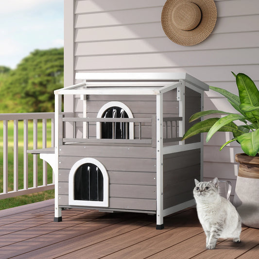 Wooden Cat house 2-Story Indoor Outdoor Luxurious Cat Shelter House with Transparent Canopy, Large Balcony, Openable Weatherproo