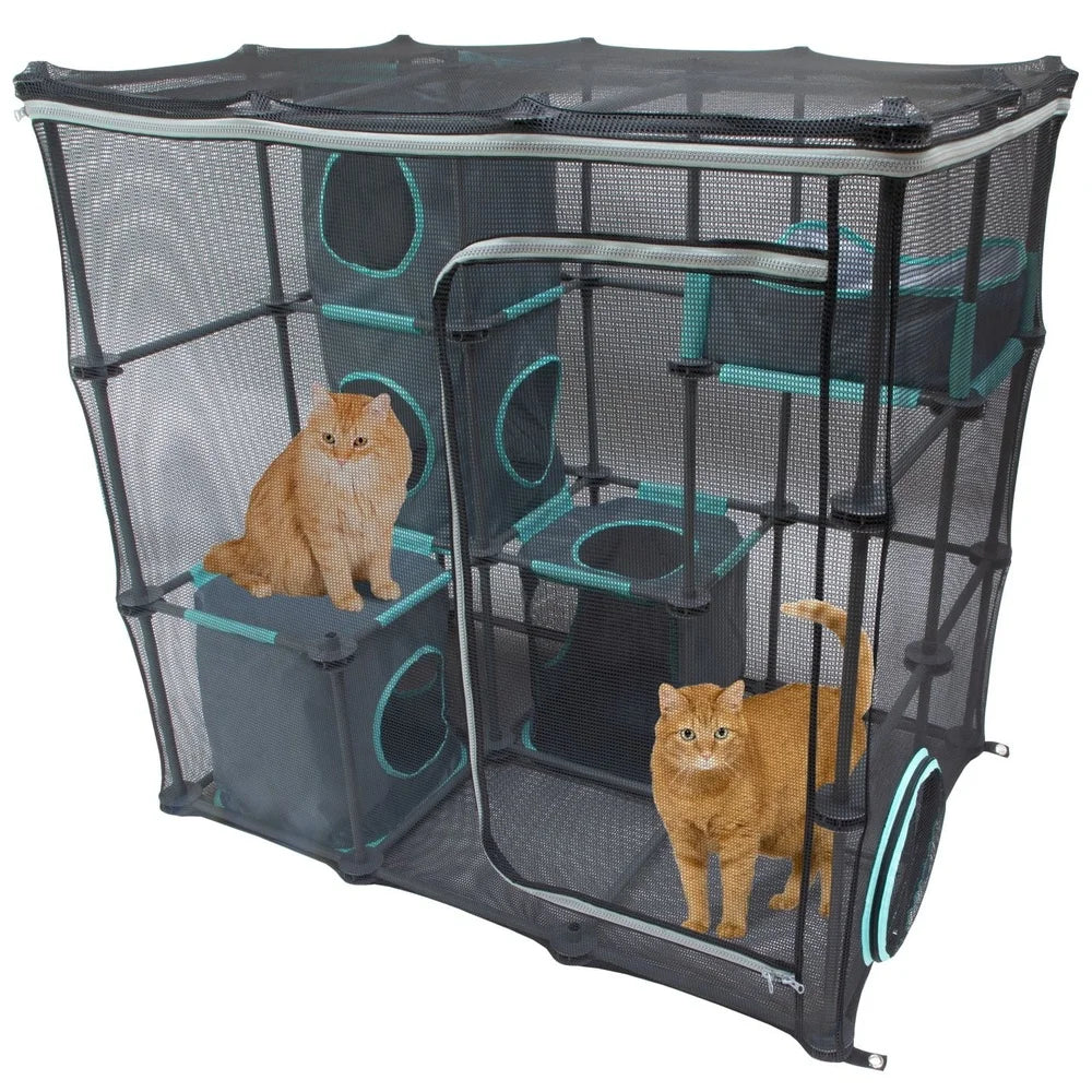 Outdoor Cat Catio Play Kit Expandable Mesh Enclosure with Cubby Hideaways and Zip Door Access Multiple Cats