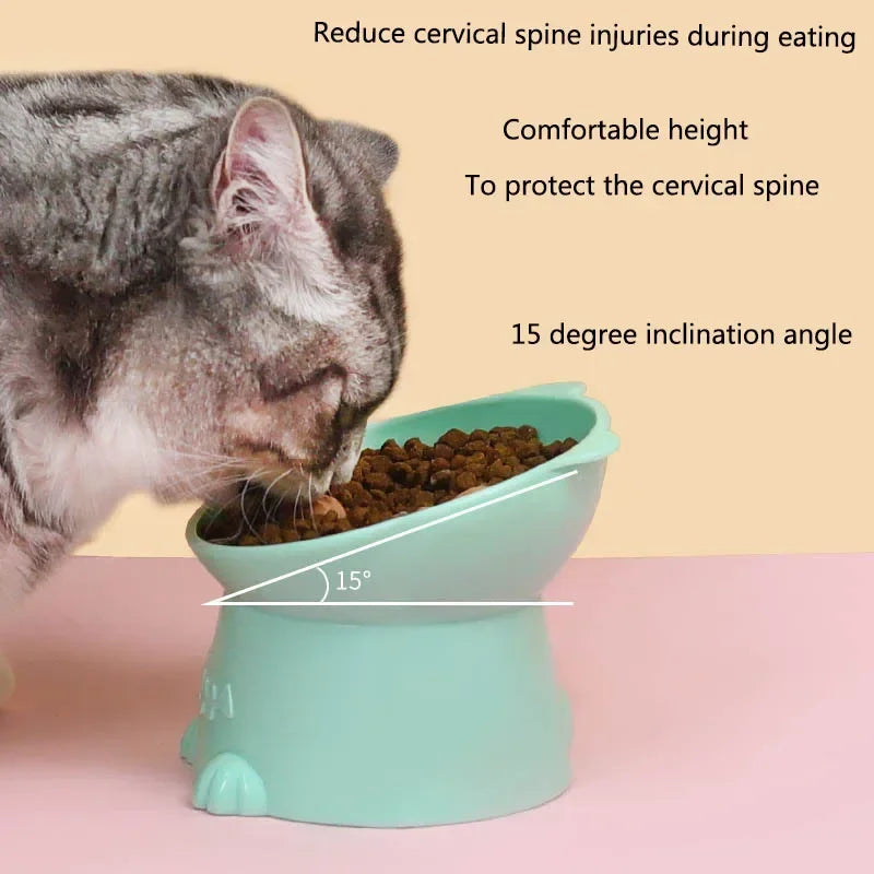 Pet Bowl Water Food Feeding Dish Plate Pet Supplies Cartoon Cat Shape Tilted Anti-overturn Raised Base Protect Cervical Spine