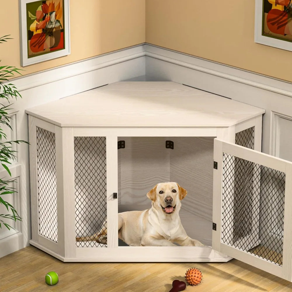 Corner Dog Crate Furniture, 52" Wooden Dog Kennel Furniture End Table with Mesh, Dog Kennel Indoor Furniture for Small Medium La