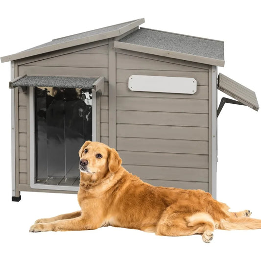 43" L Outdoor Extra Large Dog House with Removable Floor, Raised Feet, Anti-Chewing Iron Frame – Wooden Kennel with Asphalt Roof