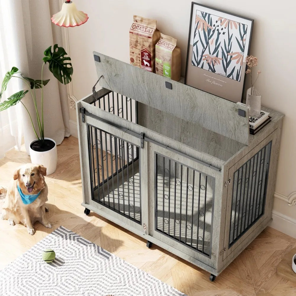 Large Dog Crate Furniture, 47" Wooden Dog Kennel with Sliding Barn Door, Flip-Top Lid & Wheels, Indoor Pet Crate Table with Det