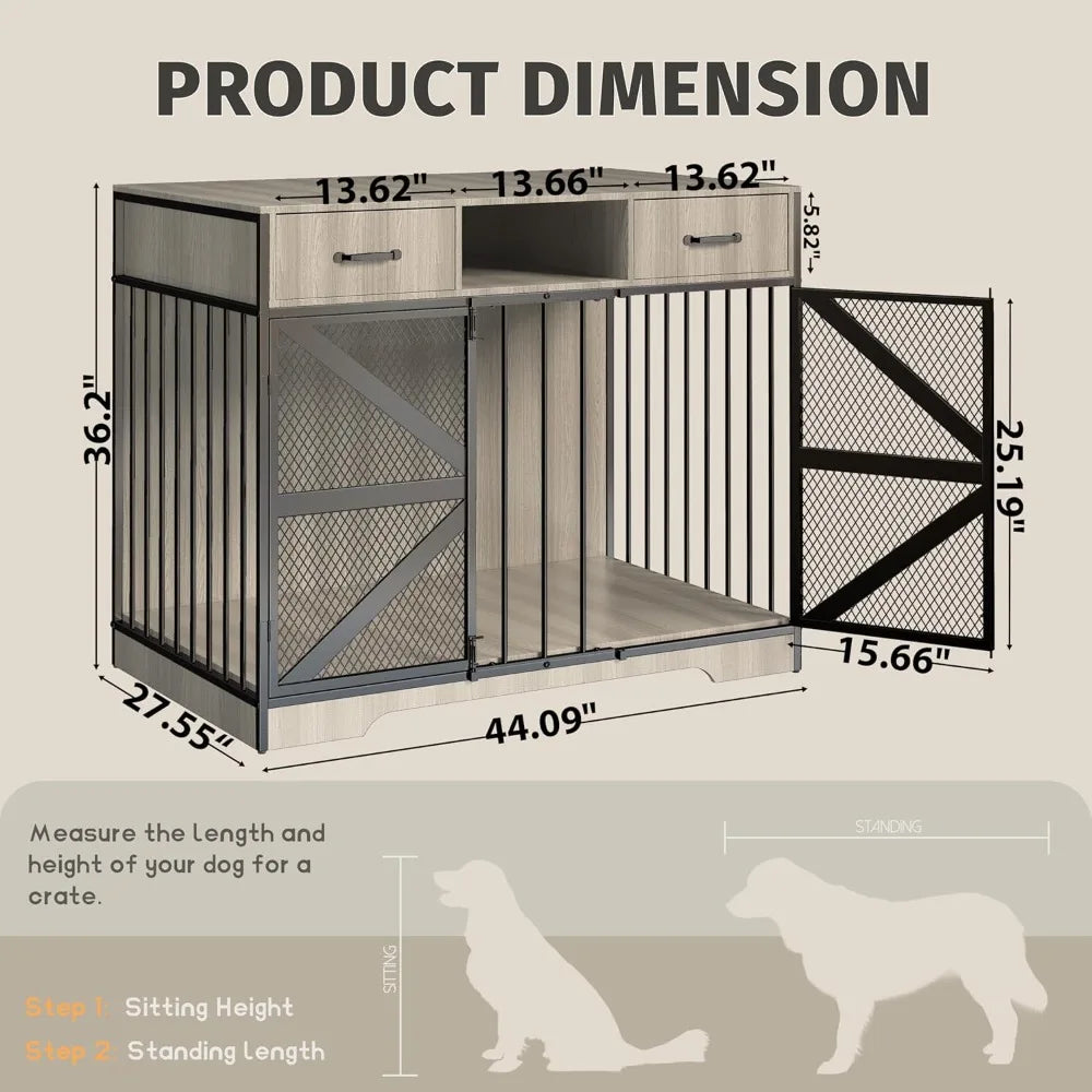 Dog Crate Furniture, Dog Kennel Furniture for Large Dogs Indoor, Heavy Duty Wooden Dog Crate TV Stand with 2 Drawers, 44" Metal