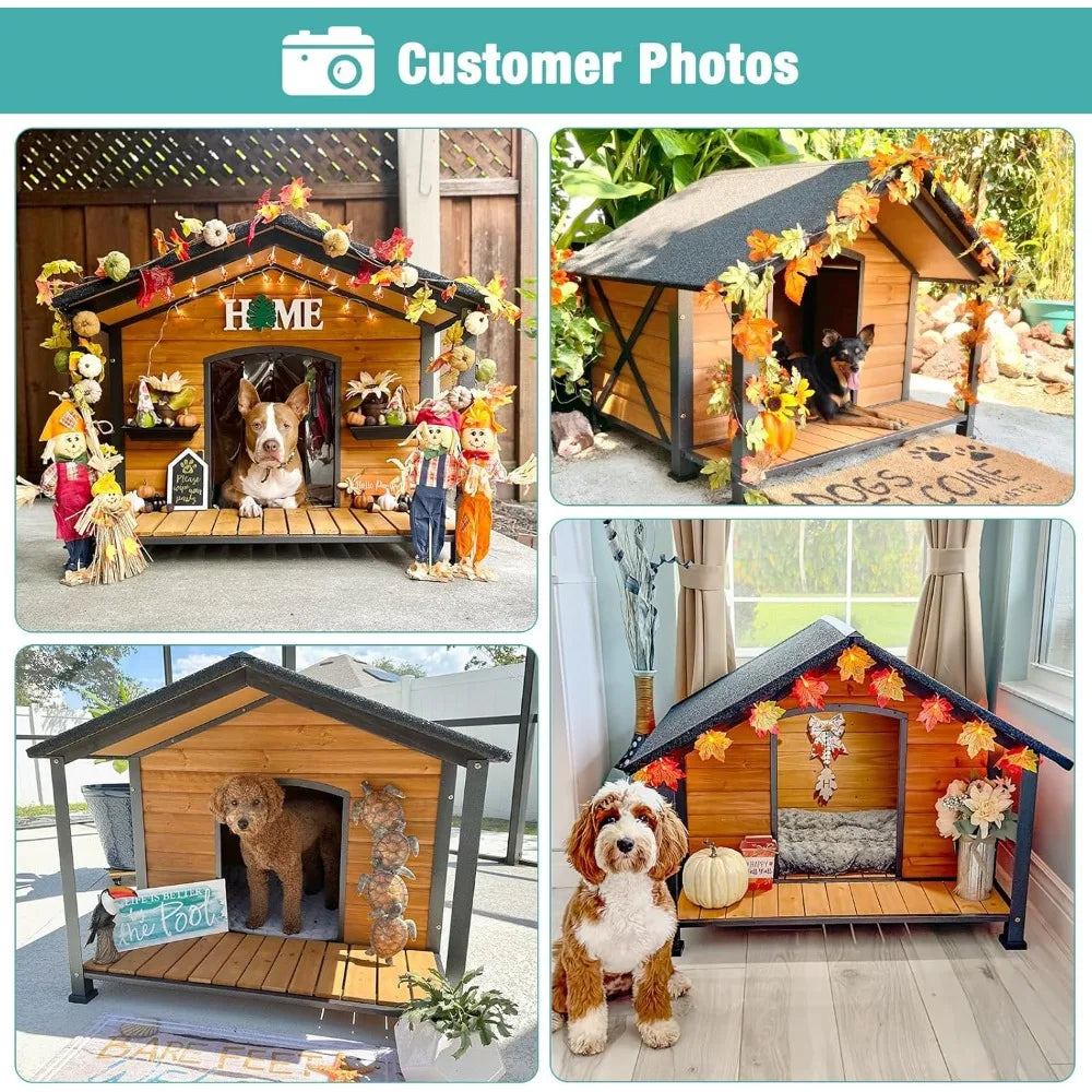 Outdoor Dog House,Weatherproof Wooden Dog Shelter for Medium to Large Sized Dogs,Iron Frame Indoor Outdoor Doghouse,Puppy Kennel