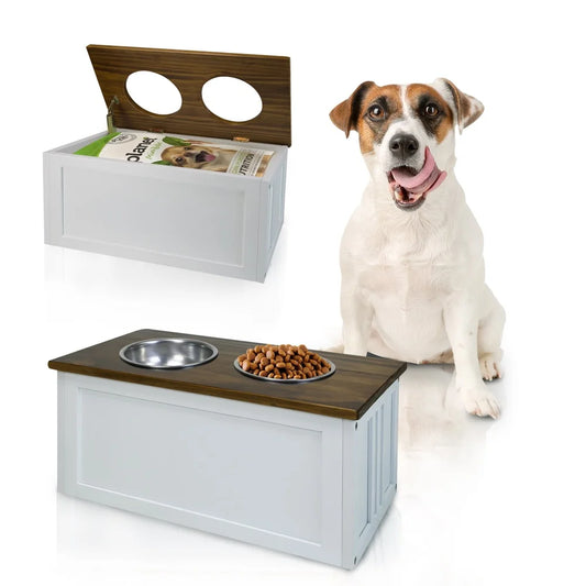 Solid Wood Double Bowl Pet Feeder Stand with Storage Box Removable Aluminum Bowls Easy Clean Assembly Medium Large Dogs