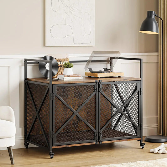 31/41Inch Dog Crate,Farmhouse Dog Kennnel Furniture with 360° Wheels,4 Latches,Large Heavy Duty Dog Cage End Table for Living Ro