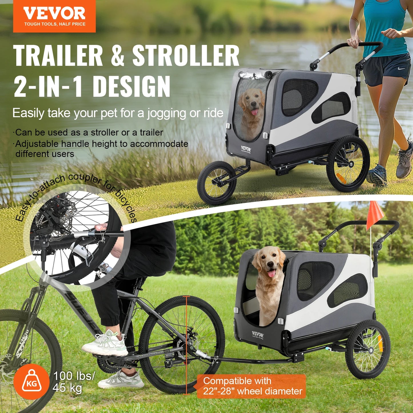 SucceBuy 100lbs Dog Bike Trailer 2-in-1 Pet Stroller Bicycle Carrier Folding Cart Frame with Wheels Reflectors Flag for Dogs
