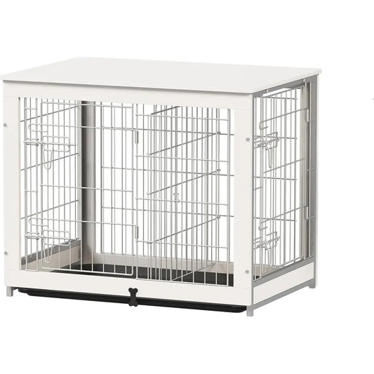 Wooden Dog Crate Furniture With Divider Panel, Dog Crate End Table With Fixable Slide Tray, Double Doors Dog Kennel Indoor For