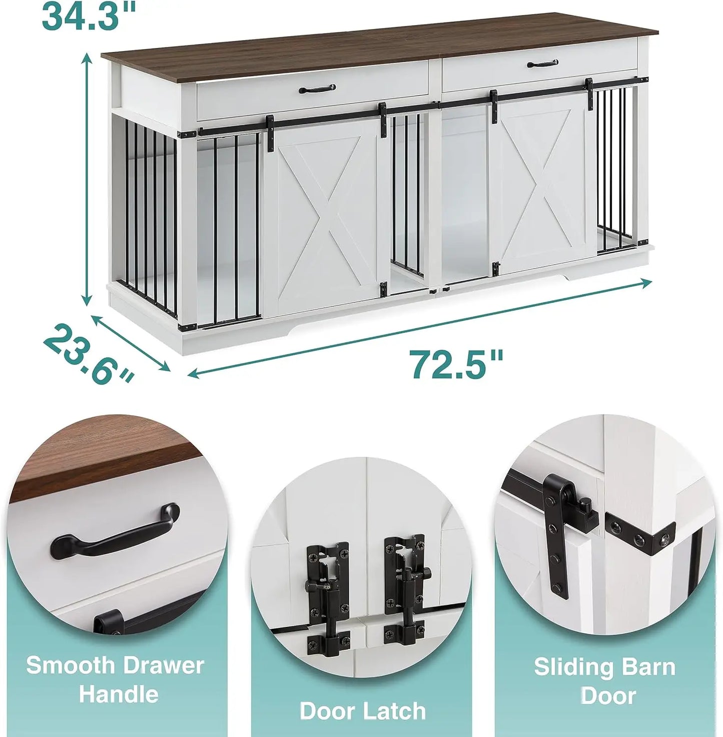 72.5" Large Dog Crate Furniture for 2 Dogs, Wooden Dog Kennel with Drawers, Sliding Barn Door, Style Double Dog Crates, White