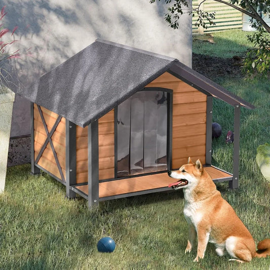 Outdoor Dog House,Weatherproof Wooden Dog Shelter for Medium to Large Sized Dogs,Iron Frame Indoor Outdoor Doghouse,Puppy Kennel